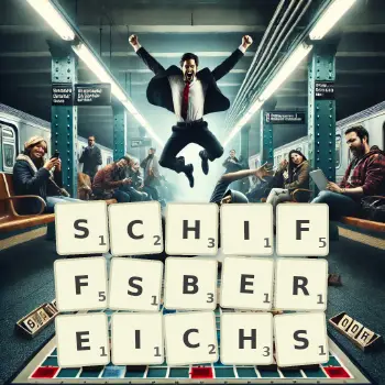 Kreative Illustration für ein Scrabble-Spiel, bei dem das Wort SCHIFFSBEREICHS mit Steinen auf dem Brett gelegt wurde.