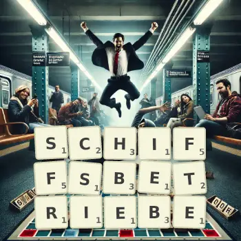 Kreative Illustration für ein Scrabble-Spiel, bei dem das Wort SCHIFFSBETRIEBE mit Steinen auf dem Brett gelegt wurde.