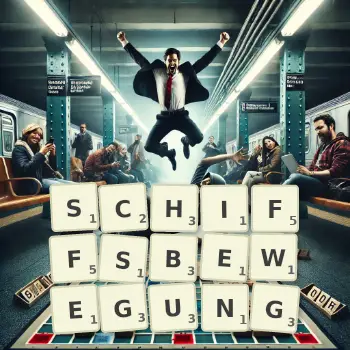 Kreative Illustration für ein Scrabble-Spiel, bei dem das Wort SCHIFFSBEWEGUNG mit Steinen auf dem Brett gelegt wurde.