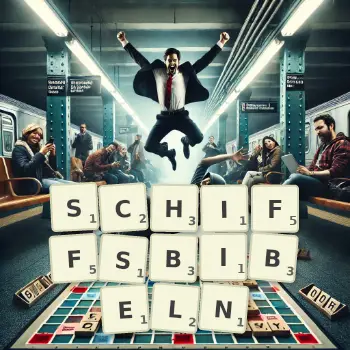 Kreative Illustration für ein Scrabble-Spiel, bei dem das Wort SCHIFFSBIBELN mit Steinen auf dem Brett gelegt wurde.