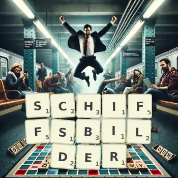 Kreative Illustration für ein Scrabble-Spiel, bei dem das Wort SCHIFFSBILDER mit Steinen auf dem Brett gelegt wurde.