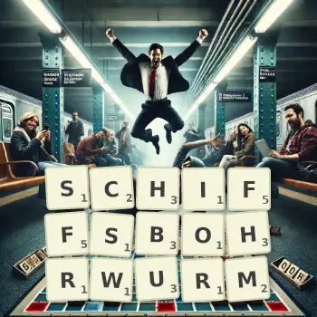 Kreative Illustration für ein Scrabble-Spiel, bei dem das Wort SCHIFFSBOHRWURM mit Steinen auf dem Brett gelegt wurde.