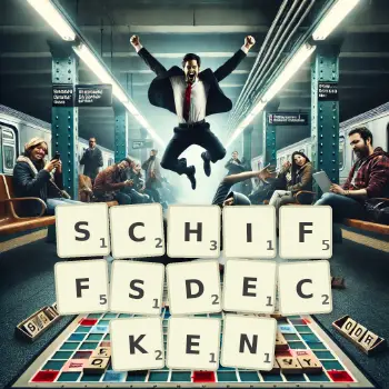 Kreative Illustration für ein Scrabble-Spiel, bei dem das Wort SCHIFFSDECKEN mit Steinen auf dem Brett gelegt wurde.