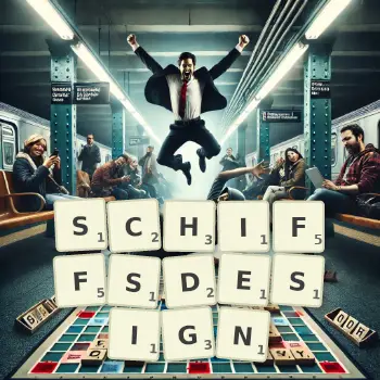Kreative Illustration für ein Scrabble-Spiel, bei dem das Wort SCHIFFSDESIGN mit Steinen auf dem Brett gelegt wurde.