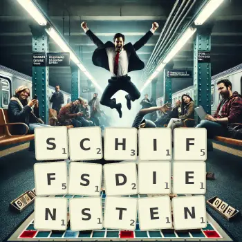 Kreative Illustration für ein Scrabble-Spiel, bei dem das Wort SCHIFFSDIENSTEN mit Steinen auf dem Brett gelegt wurde.