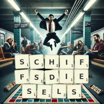 Kreative Illustration für ein Scrabble-Spiel, bei dem das Wort SCHIFFSDIESELS mit Steinen auf dem Brett gelegt wurde.