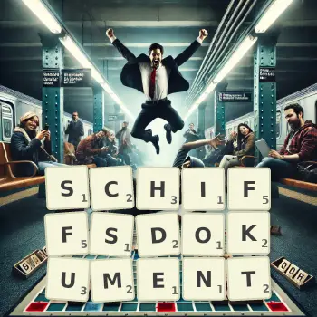 Kreative Illustration für ein Scrabble-Spiel, bei dem das Wort SCHIFFSDOKUMENT mit Steinen auf dem Brett gelegt wurde.