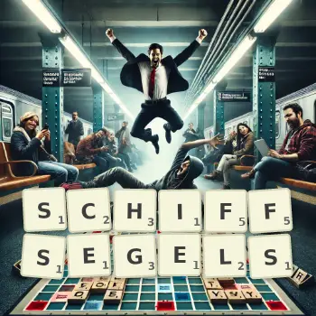 Kreative Illustration für ein Scrabble-Spiel, bei dem das Wort SCHIFFSEGELS mit Steinen auf dem Brett gelegt wurde.