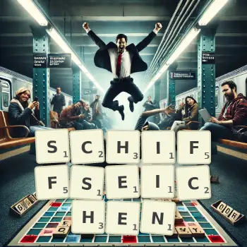 Kreative Illustration für ein Scrabble-Spiel, bei dem das Wort SCHIFFSEICHEN mit Steinen auf dem Brett gelegt wurde.