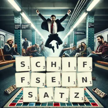 Kreative Illustration für ein Scrabble-Spiel, bei dem das Wort SCHIFFSEINSATZ mit Steinen auf dem Brett gelegt wurde.