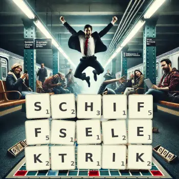 Kreative Illustration für ein Scrabble-Spiel, bei dem das Wort SCHIFFSELEKTRIK mit Steinen auf dem Brett gelegt wurde.