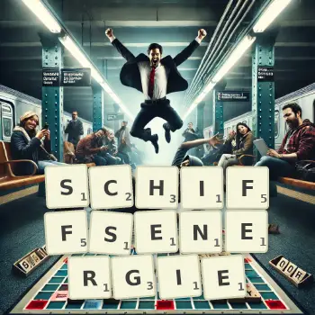 Kreative Illustration für ein Scrabble-Spiel, bei dem das Wort SCHIFFSENERGIE mit Steinen auf dem Brett gelegt wurde.