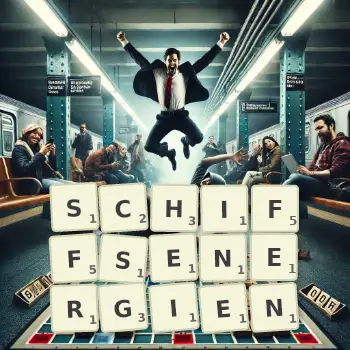 Kreative Illustration für ein Scrabble-Spiel, bei dem das Wort SCHIFFSENERGIEN mit Steinen auf dem Brett gelegt wurde.