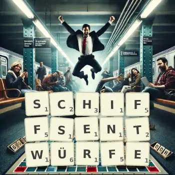 Kreative Illustration für ein Scrabble-Spiel, bei dem das Wort SCHIFFSENTWÜRFE mit Steinen auf dem Brett gelegt wurde.