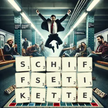 Kreative Illustration für ein Scrabble-Spiel, bei dem das Wort SCHIFFSETIKETTE mit Steinen auf dem Brett gelegt wurde.