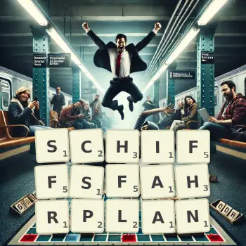 Kreative Illustration für ein Scrabble-Spiel, bei dem das Wort SCHIFFSFAHRPLAN mit Steinen auf dem Brett gelegt wurde.