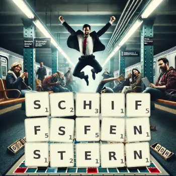 Kreative Illustration für ein Scrabble-Spiel, bei dem das Wort SCHIFFSFENSTERN mit Steinen auf dem Brett gelegt wurde.