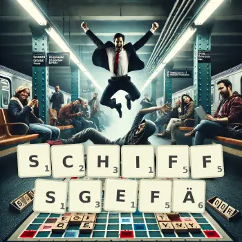 Kreative Illustration für ein Scrabble-Spiel, bei dem das Wort SCHIFFSGEFÄ mit Steinen auf dem Brett gelegt wurde.