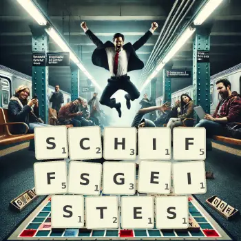 Kreative Illustration für ein Scrabble-Spiel, bei dem das Wort SCHIFFSGEISTES mit Steinen auf dem Brett gelegt wurde.