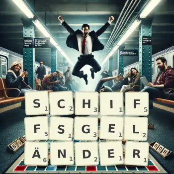 Kreative Illustration für ein Scrabble-Spiel, bei dem das Wort SCHIFFSGELÄNDER mit Steinen auf dem Brett gelegt wurde.
