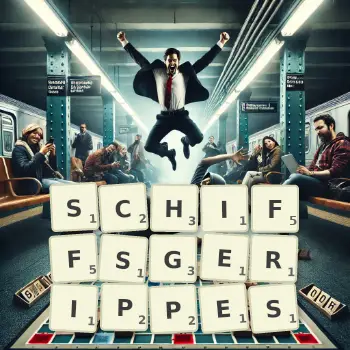 Kreative Illustration für ein Scrabble-Spiel, bei dem das Wort SCHIFFSGERIPPES mit Steinen auf dem Brett gelegt wurde.