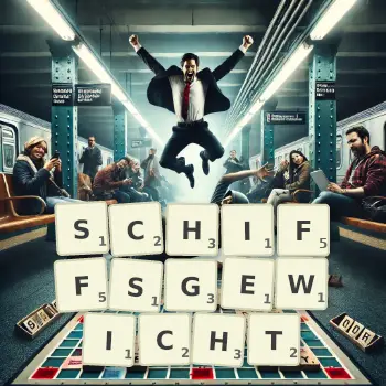 Kreative Illustration für ein Scrabble-Spiel, bei dem das Wort SCHIFFSGEWICHT mit Steinen auf dem Brett gelegt wurde.