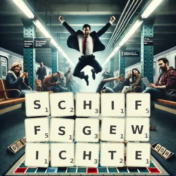 Kreative Illustration für ein Scrabble-Spiel, bei dem das Wort SCHIFFSGEWICHTE mit Steinen auf dem Brett gelegt wurde.