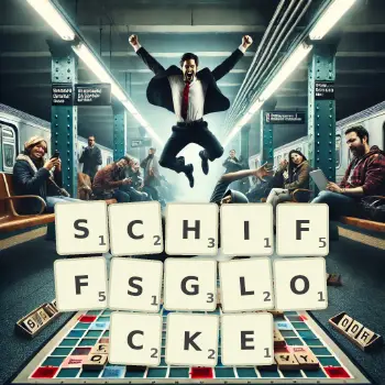 Kreative Illustration für ein Scrabble-Spiel, bei dem das Wort SCHIFFSGLOCKE mit Steinen auf dem Brett gelegt wurde.