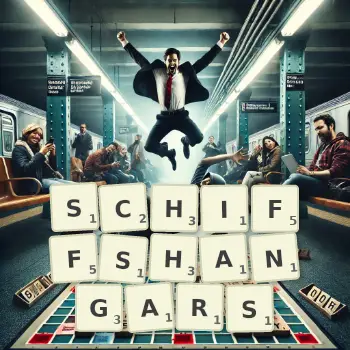 Kreative Illustration für ein Scrabble-Spiel, bei dem das Wort SCHIFFSHANGARS mit Steinen auf dem Brett gelegt wurde.