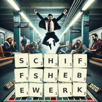 Kreative Illustration für ein Scrabble-Spiel, bei dem das Wort SCHIFFSHEBEWERK mit Steinen auf dem Brett gelegt wurde.