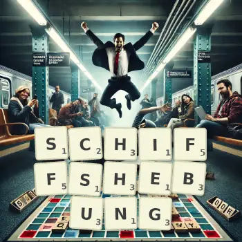 Kreative Illustration für ein Scrabble-Spiel, bei dem das Wort SCHIFFSHEBUNG mit Steinen auf dem Brett gelegt wurde.
