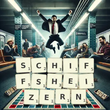 Kreative Illustration für ein Scrabble-Spiel, bei dem das Wort SCHIFFSHEIZERN mit Steinen auf dem Brett gelegt wurde.