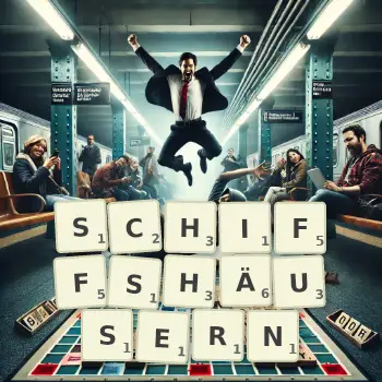 Kreative Illustration für ein Scrabble-Spiel, bei dem das Wort SCHIFFSHÄUSERN mit Steinen auf dem Brett gelegt wurde.