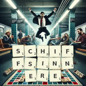 Kreative Illustration für ein Scrabble-Spiel, bei dem das Wort SCHIFFSINNERE mit Steinen auf dem Brett gelegt wurde.