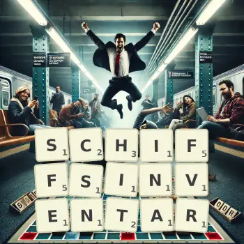 Kreative Illustration für ein Scrabble-Spiel, bei dem das Wort SCHIFFSINVENTAR mit Steinen auf dem Brett gelegt wurde.