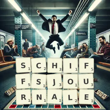 Kreative Illustration für ein Scrabble-Spiel, bei dem das Wort SCHIFFSJOURNALE mit Steinen auf dem Brett gelegt wurde.