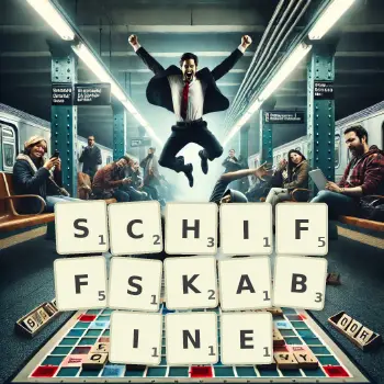 Kreative Illustration für ein Scrabble-Spiel, bei dem das Wort SCHIFFSKABINE mit Steinen auf dem Brett gelegt wurde.