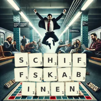 Kreative Illustration für ein Scrabble-Spiel, bei dem das Wort SCHIFFSKABINEN mit Steinen auf dem Brett gelegt wurde.