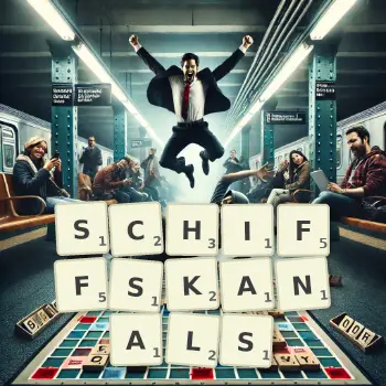 Kreative Illustration für ein Scrabble-Spiel, bei dem das Wort SCHIFFSKANALS mit Steinen auf dem Brett gelegt wurde.