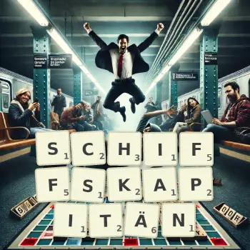 Kreative Illustration für ein Scrabble-Spiel, bei dem das Wort SCHIFFSKAPITÄN mit Steinen auf dem Brett gelegt wurde.
