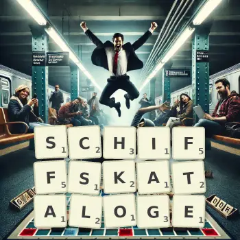 Kreative Illustration für ein Scrabble-Spiel, bei dem das Wort SCHIFFSKATALOGE mit Steinen auf dem Brett gelegt wurde.