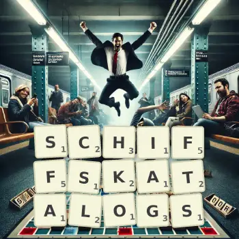 Kreative Illustration für ein Scrabble-Spiel, bei dem das Wort SCHIFFSKATALOGS mit Steinen auf dem Brett gelegt wurde.