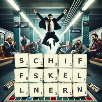 Kreative Illustration für ein Scrabble-Spiel, bei dem das Wort SCHIFFSKELLNERN mit Steinen auf dem Brett gelegt wurde.