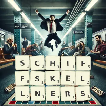 Kreative Illustration für ein Scrabble-Spiel, bei dem das Wort SCHIFFSKELLNERS mit Steinen auf dem Brett gelegt wurde.