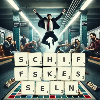 Kreative Illustration für ein Scrabble-Spiel, bei dem das Wort SCHIFFSKESSELN mit Steinen auf dem Brett gelegt wurde.