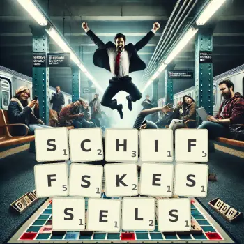 Kreative Illustration für ein Scrabble-Spiel, bei dem das Wort SCHIFFSKESSELS mit Steinen auf dem Brett gelegt wurde.
