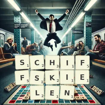 Kreative Illustration für ein Scrabble-Spiel, bei dem das Wort SCHIFFSKIELEN mit Steinen auf dem Brett gelegt wurde.