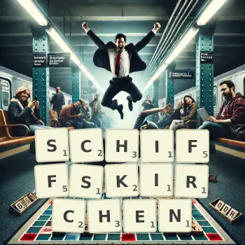 Kreative Illustration für ein Scrabble-Spiel, bei dem das Wort SCHIFFSKIRCHEN mit Steinen auf dem Brett gelegt wurde.