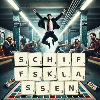 Kreative Illustration für ein Scrabble-Spiel, bei dem das Wort SCHIFFSKLASSEN mit Steinen auf dem Brett gelegt wurde.