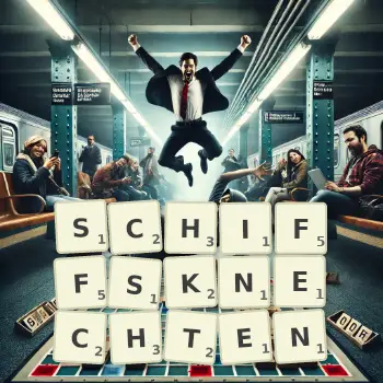 Kreative Illustration für ein Scrabble-Spiel, bei dem das Wort SCHIFFSKNECHTEN mit Steinen auf dem Brett gelegt wurde.